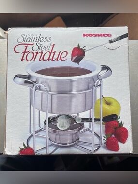 Vintage Roshco 9 Pc Stainless Steel Fondue Set Chocolate Cheese w Forks